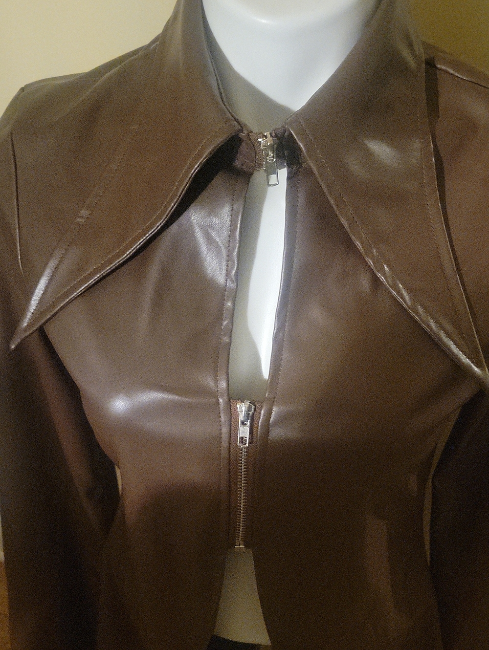 Brown Faux Leather Zip-Front Women's Jacket - Picture 3 of 7